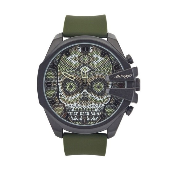 MENS ED HARDY GREEN SKULL FACE/BLACK SILICONE BAND WATCH 53mm - Picture 1 of 4